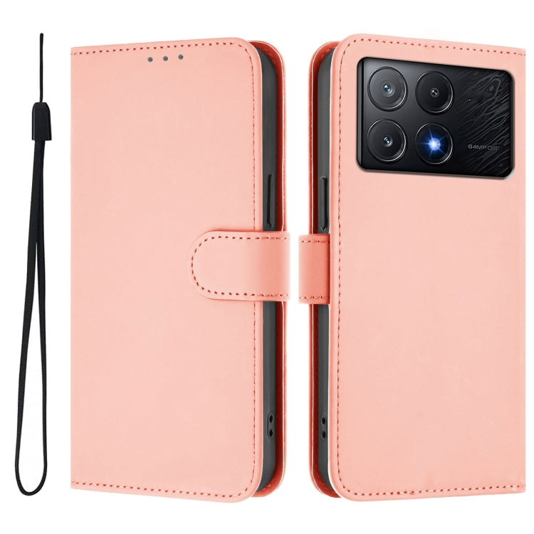 For Xiaomi Poco X6 Pro Skin Feel Solid Color Leather Phone Case with Lanyard
