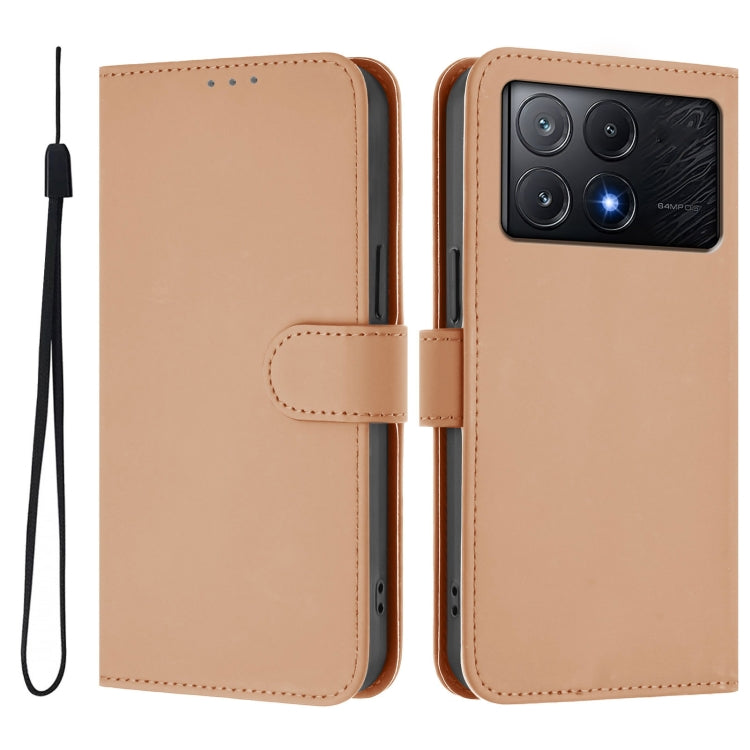 For Xiaomi Poco X6 Pro Skin Feel Solid Color Leather Phone Case with Lanyard