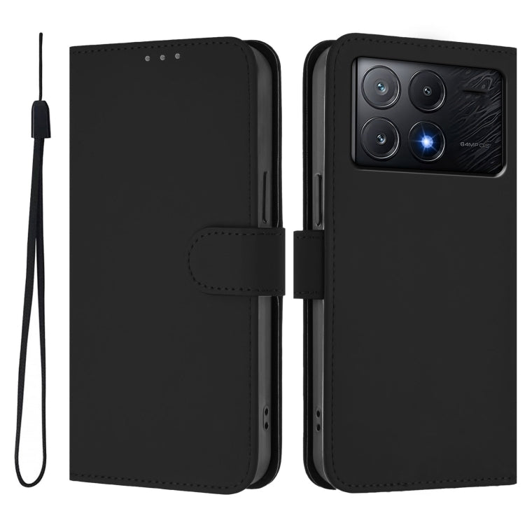 For Xiaomi Poco X6 Pro Skin Feel Solid Color Leather Phone Case with Lanyard