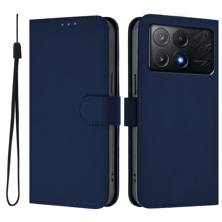 For Xiaomi Poco X6 Pro Skin Feel Solid Color Leather Phone Case with Lanyard