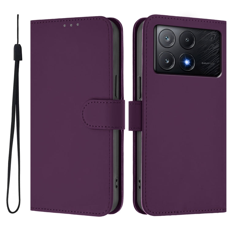 For Xiaomi Poco X6 Pro Skin Feel Solid Color Leather Phone Case with Lanyard