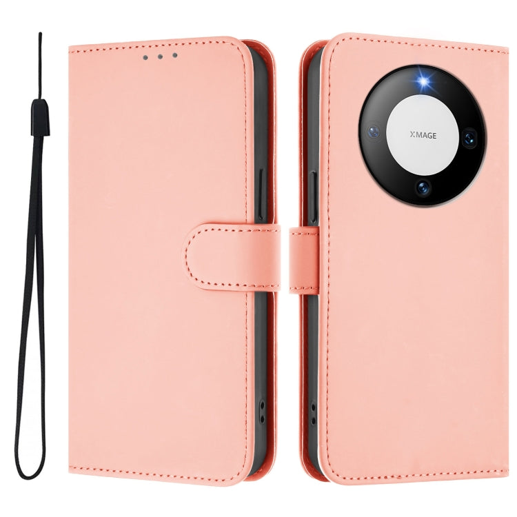 For Huawei Mate 60 Skin Feel Solid Color Leather Phone Case with Lanyard