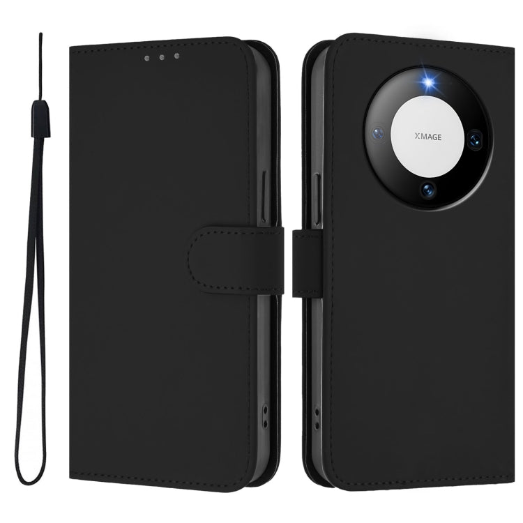 For Huawei Mate 60 Skin Feel Solid Color Leather Phone Case with Lanyard