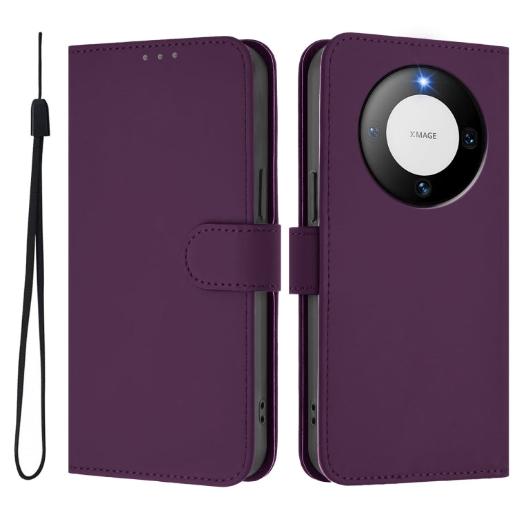 For Huawei Mate 60 Skin Feel Solid Color Leather Phone Case with Lanyard