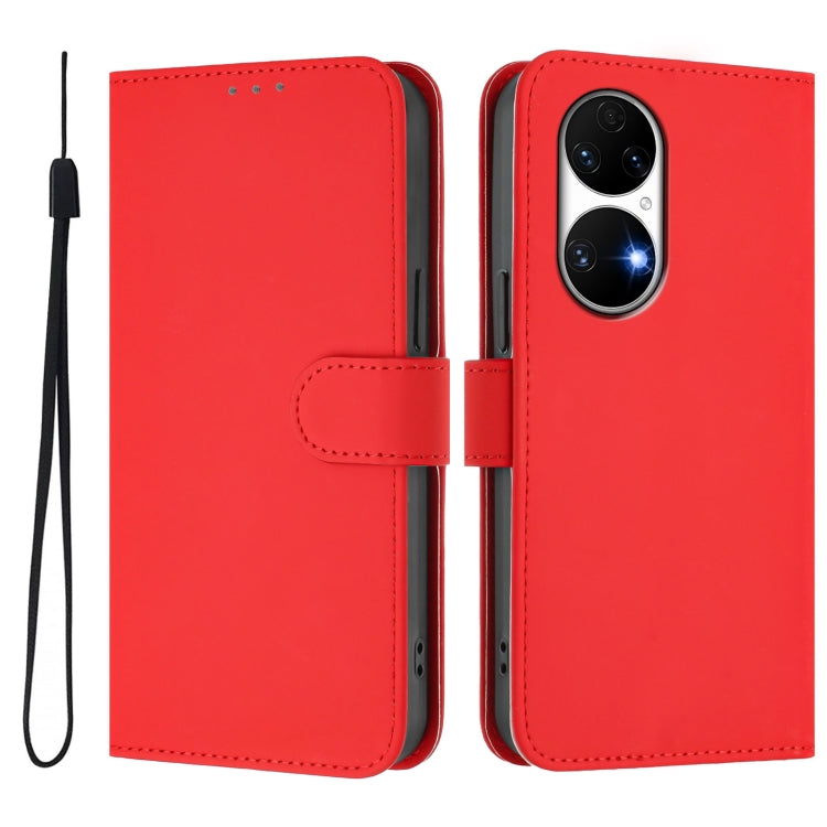 For Huawei P50 Skin Feel Solid Color Leather Phone Case with Lanyard