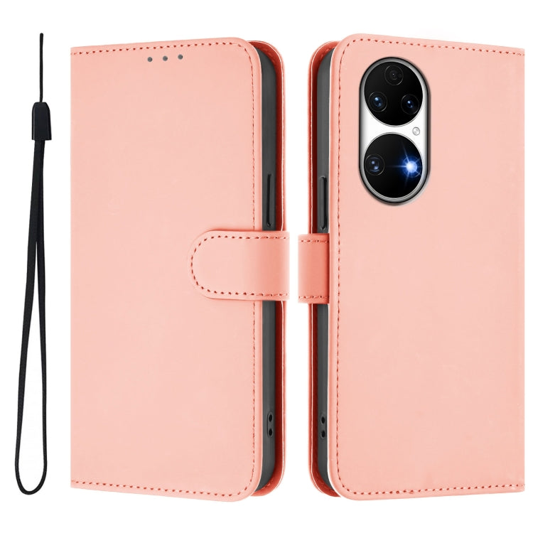For Huawei P50 Skin Feel Solid Color Leather Phone Case with Lanyard