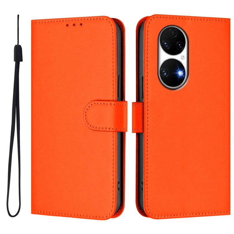 For Huawei P50 Skin Feel Solid Color Leather Phone Case with Lanyard