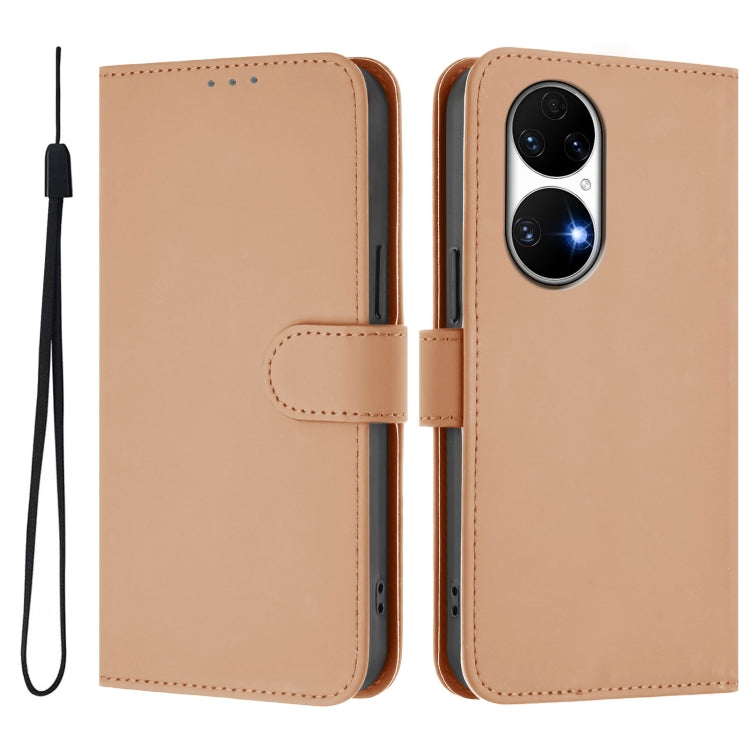 For Huawei P50 Skin Feel Solid Color Leather Phone Case with Lanyard