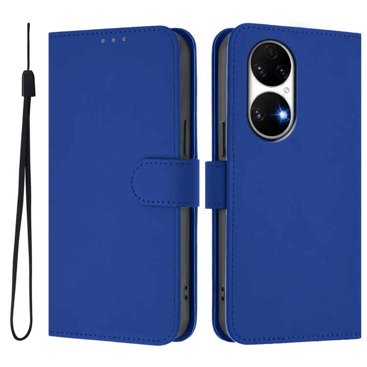 For Huawei P50 Skin Feel Solid Color Leather Phone Case with Lanyard