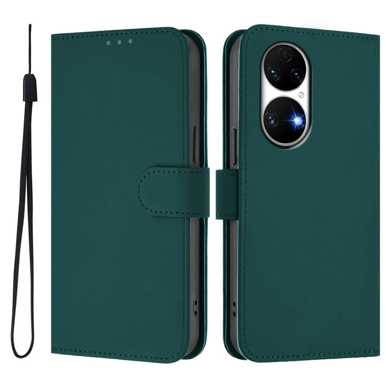 For Huawei P50 Skin Feel Solid Color Leather Phone Case with Lanyard