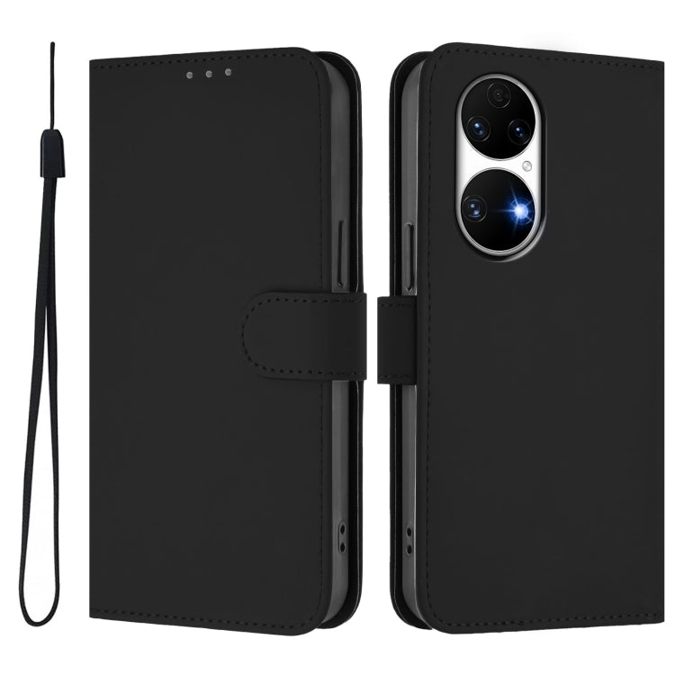 For Huawei P50 Skin Feel Solid Color Leather Phone Case with Lanyard