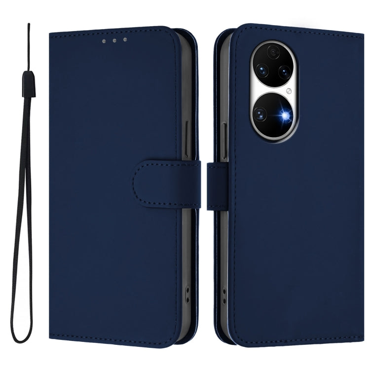For Huawei P50 Skin Feel Solid Color Leather Phone Case with Lanyard