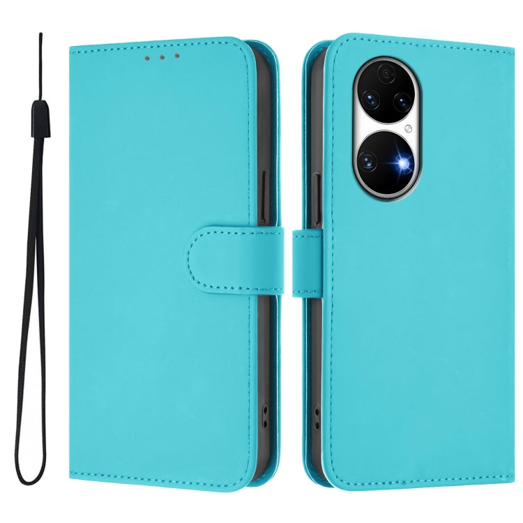 For Huawei P50 Skin Feel Solid Color Leather Phone Case with Lanyard