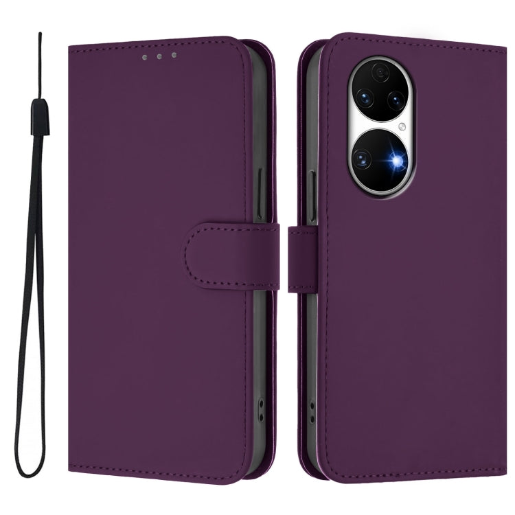 For Huawei P50 Skin Feel Solid Color Leather Phone Case with Lanyard