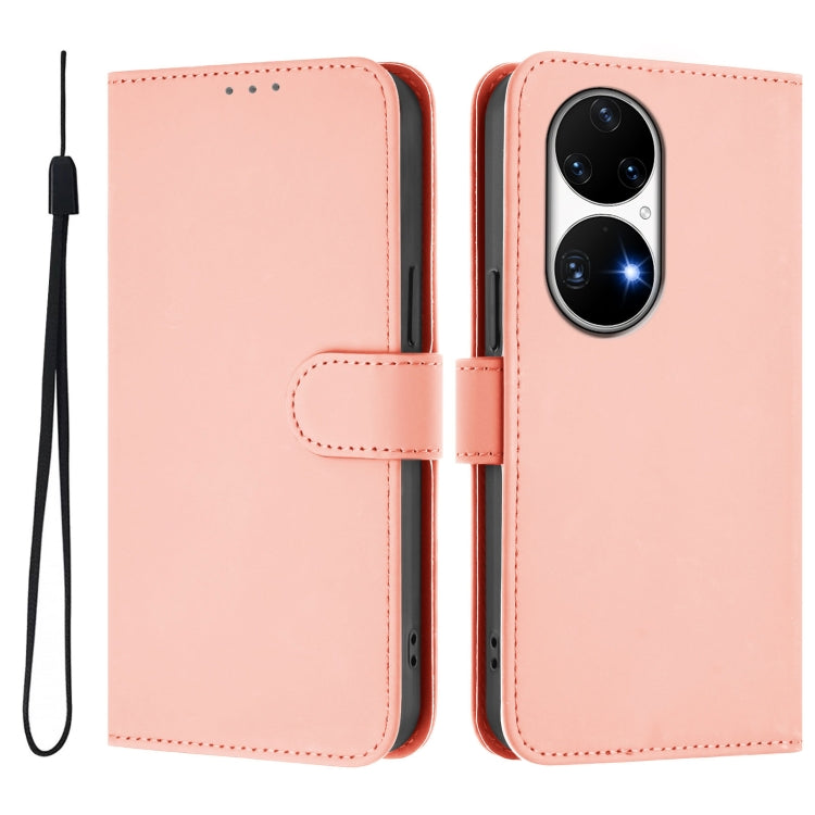 For Huawei P50 Pro Skin Feel Solid Color Leather Phone Case with Lanyard