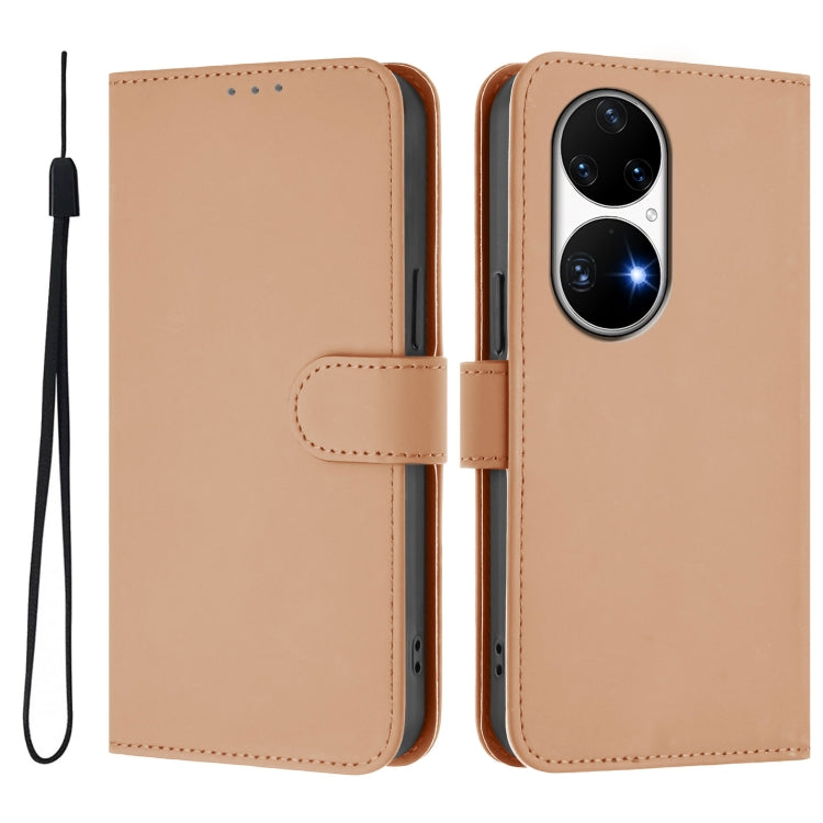 For Huawei P50 Pro Skin Feel Solid Color Leather Phone Case with Lanyard
