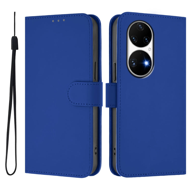 For Huawei P50 Pro Skin Feel Solid Color Leather Phone Case with Lanyard