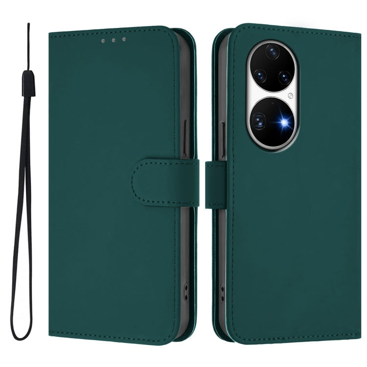 For Huawei P50 Pro Skin Feel Solid Color Leather Phone Case with Lanyard