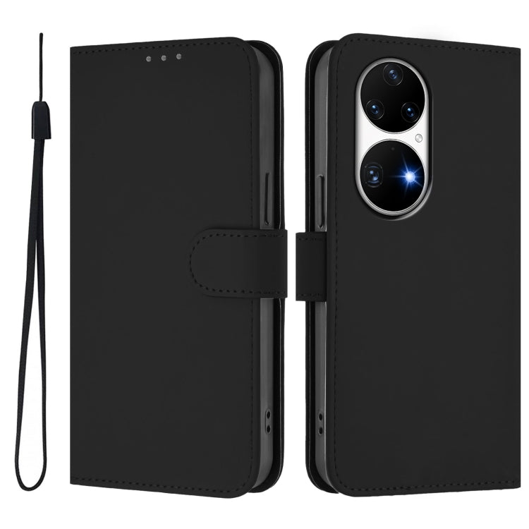 For Huawei P50 Pro Skin Feel Solid Color Leather Phone Case with Lanyard