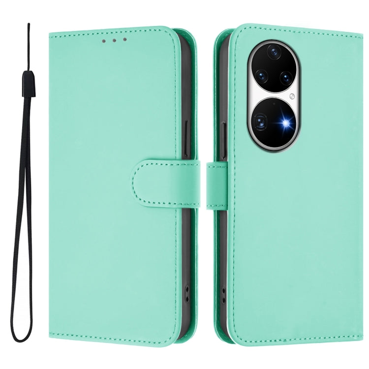For Huawei P50 Pro Skin Feel Solid Color Leather Phone Case with Lanyard