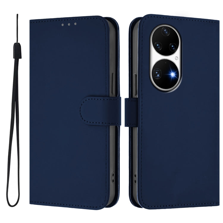 For Huawei P50 Pro Skin Feel Solid Color Leather Phone Case with Lanyard