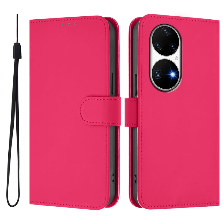 For Huawei P50 Pro Skin Feel Solid Color Leather Phone Case with Lanyard