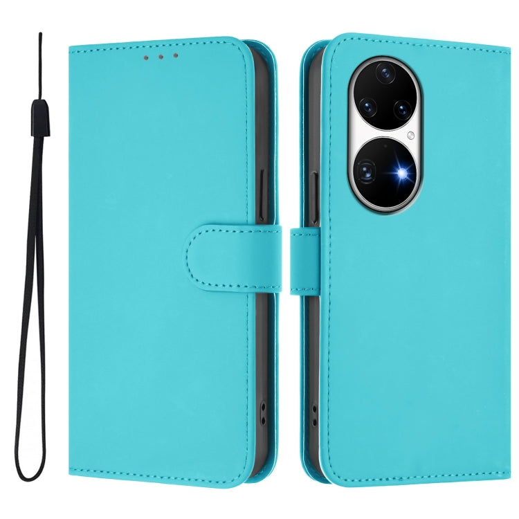 For Huawei P50 Pro Skin Feel Solid Color Leather Phone Case with Lanyard