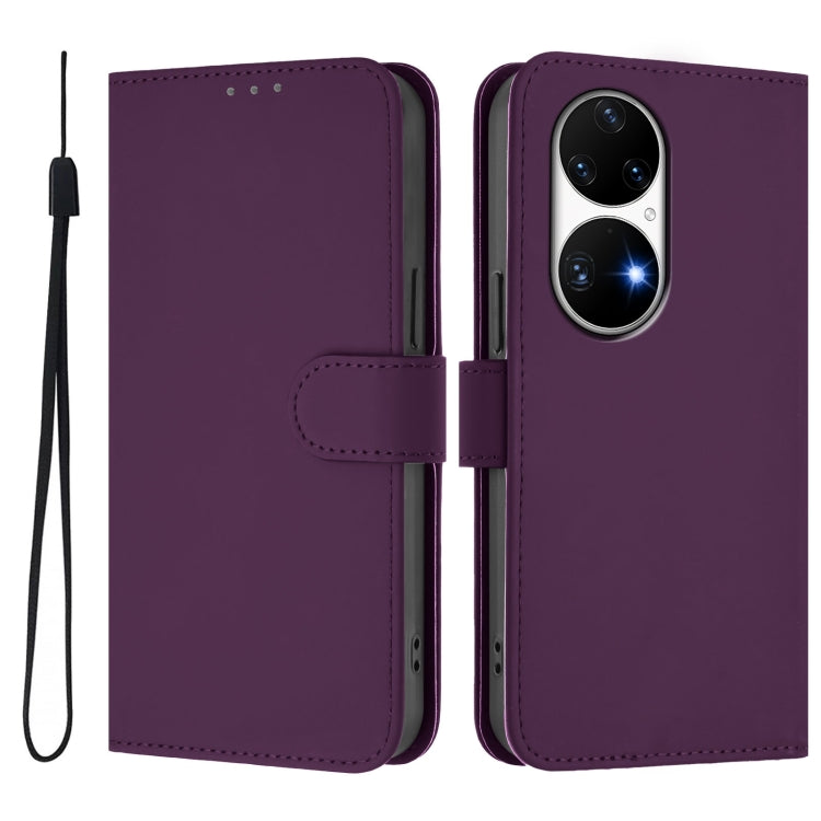 For Huawei P50 Pro Skin Feel Solid Color Leather Phone Case with Lanyard