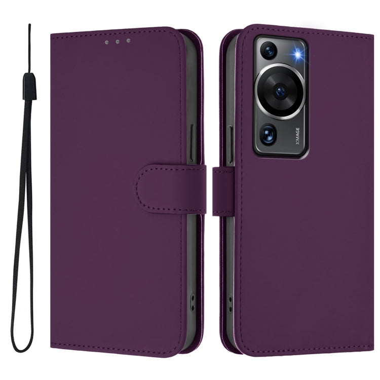 For Huawei P60 / P60 Pro Skin Feel Solid Color Leather Phone Case with Lanyard