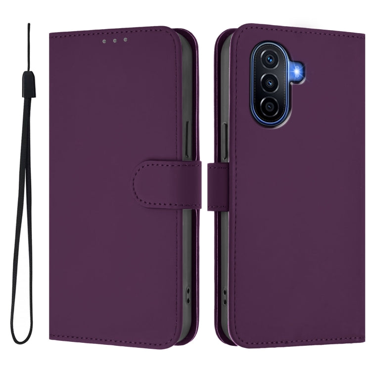For Huawei Enjoy 50 4G / nova Y70 Plus Skin Feel Solid Color Leather Phone Case with Lanyard