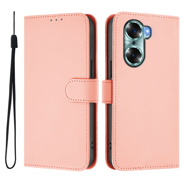 For Honor 60 Skin Feel Solid Color Leather Phone Case with Lanyard