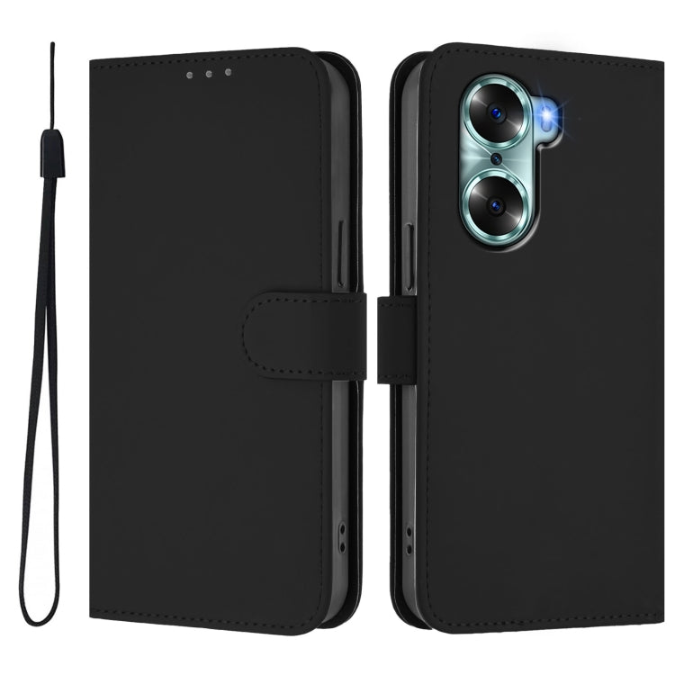 For Honor 60 Skin Feel Solid Color Leather Phone Case with Lanyard