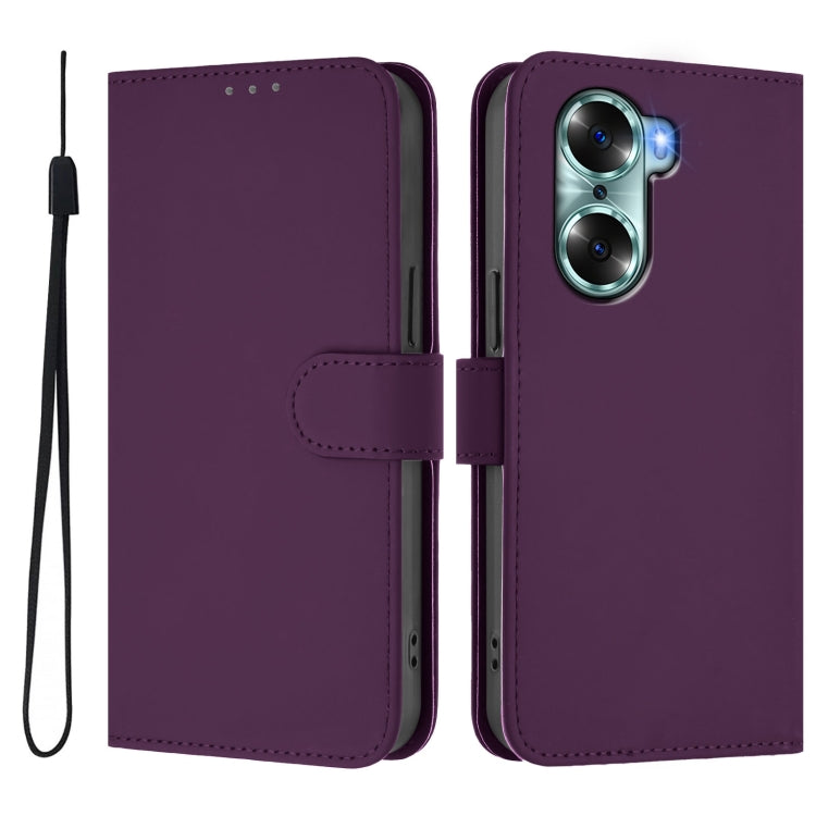 For Honor 60 Skin Feel Solid Color Leather Phone Case with Lanyard