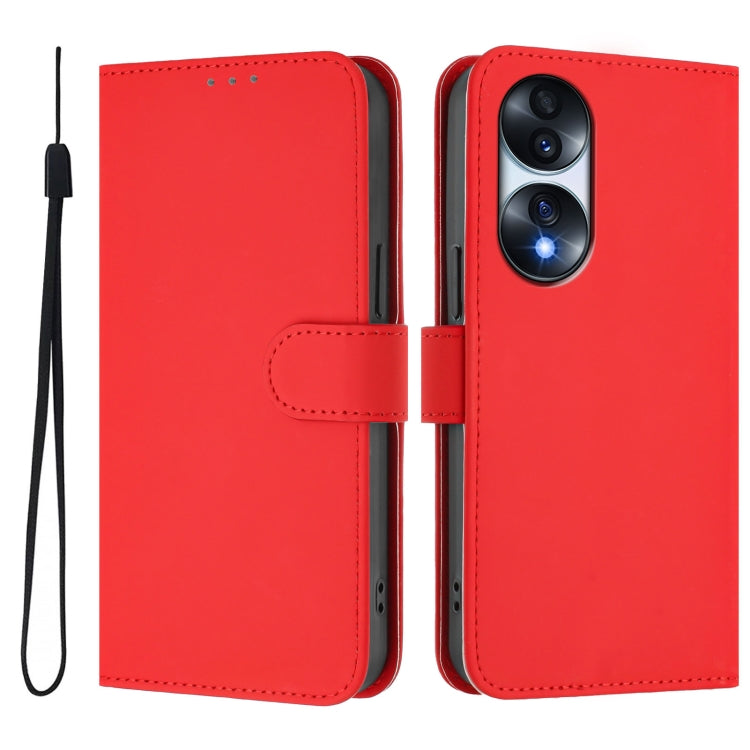 For Honor 70 Skin Feel Solid Color Leather Phone Case with Lanyard