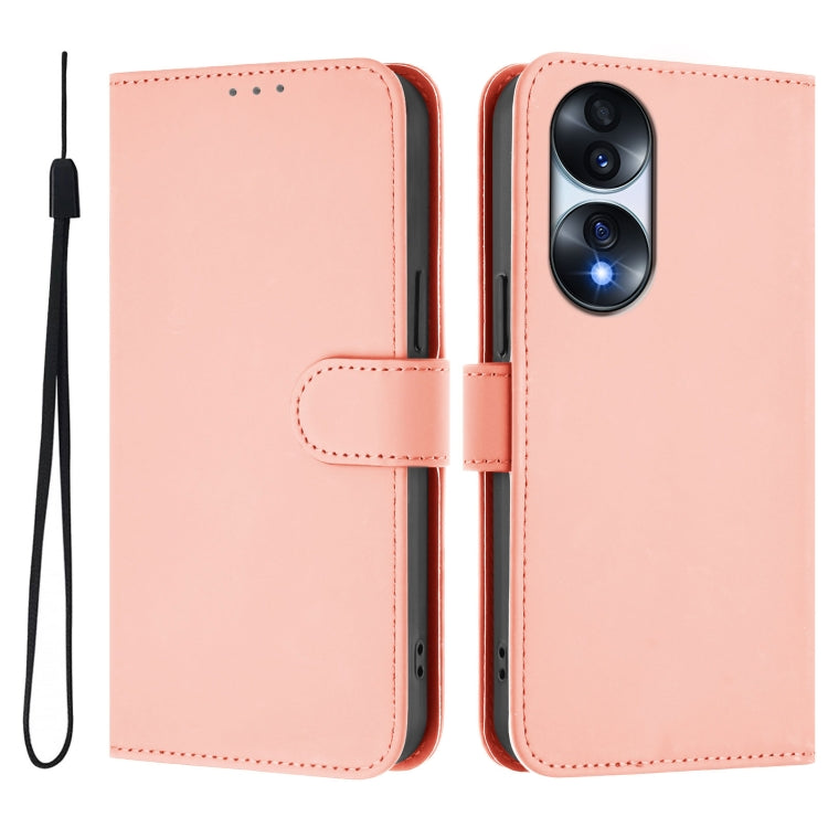 For Honor 70 Skin Feel Solid Color Leather Phone Case with Lanyard