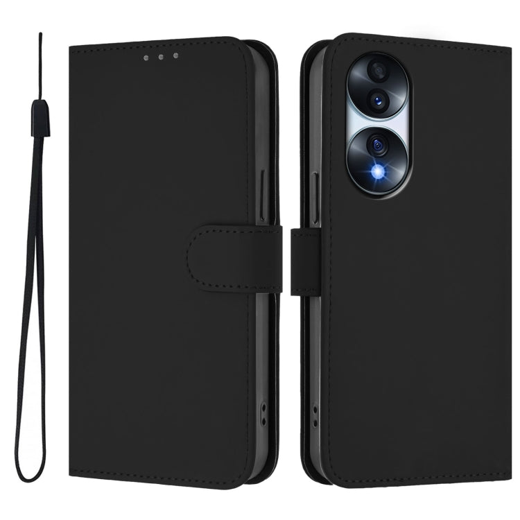 For Honor 70 Skin Feel Solid Color Leather Phone Case with Lanyard