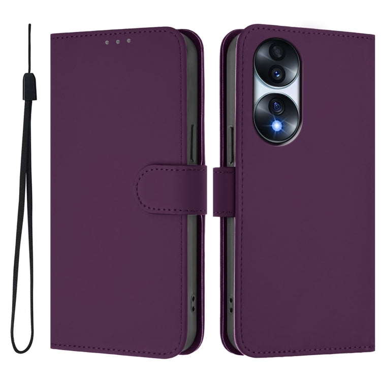 For Honor 70 Skin Feel Solid Color Leather Phone Case with Lanyard