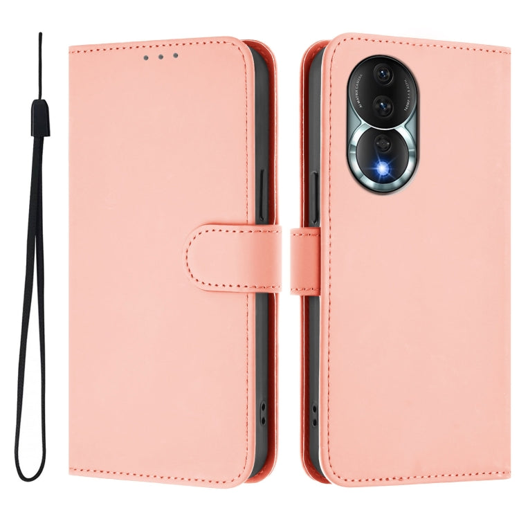 For Honor 80 Skin Feel Solid Color Leather Phone Case with Lanyard