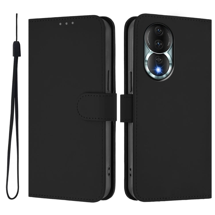 For Honor 80 Skin Feel Solid Color Leather Phone Case with Lanyard