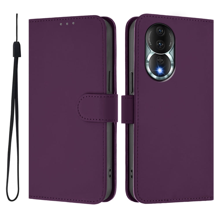 For Honor 80 Skin Feel Solid Color Leather Phone Case with Lanyard