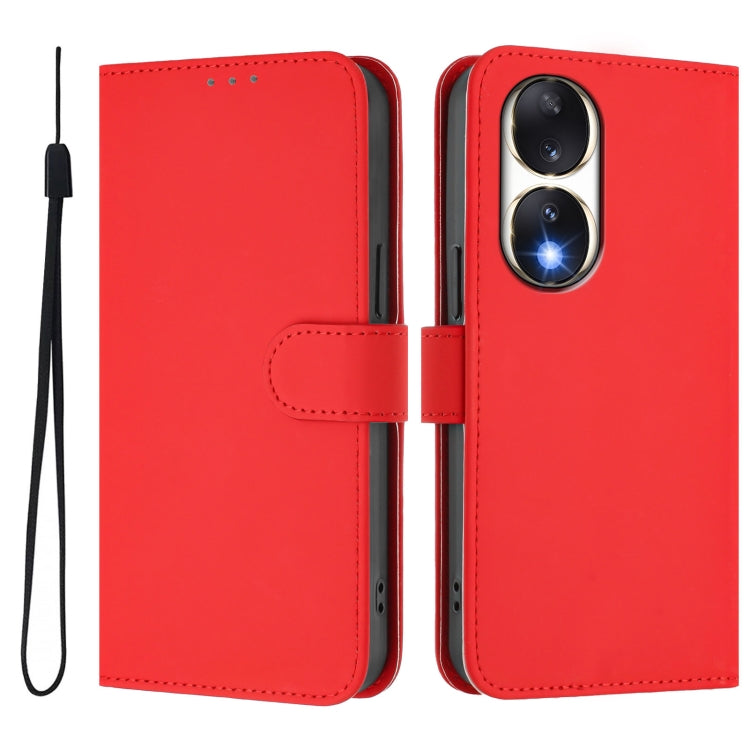 For Honor 90 Skin Feel Solid Color Leather Phone Case with Lanyard