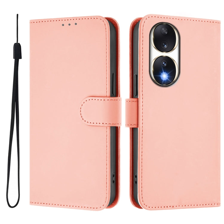 For Honor 90 Skin Feel Solid Color Leather Phone Case with Lanyard