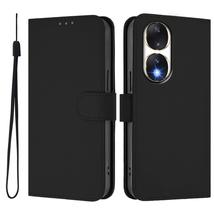 For Honor 90 Skin Feel Solid Color Leather Phone Case with Lanyard