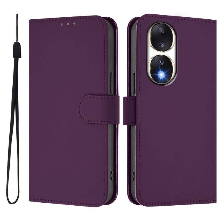 For Honor 90 Skin Feel Solid Color Leather Phone Case with Lanyard