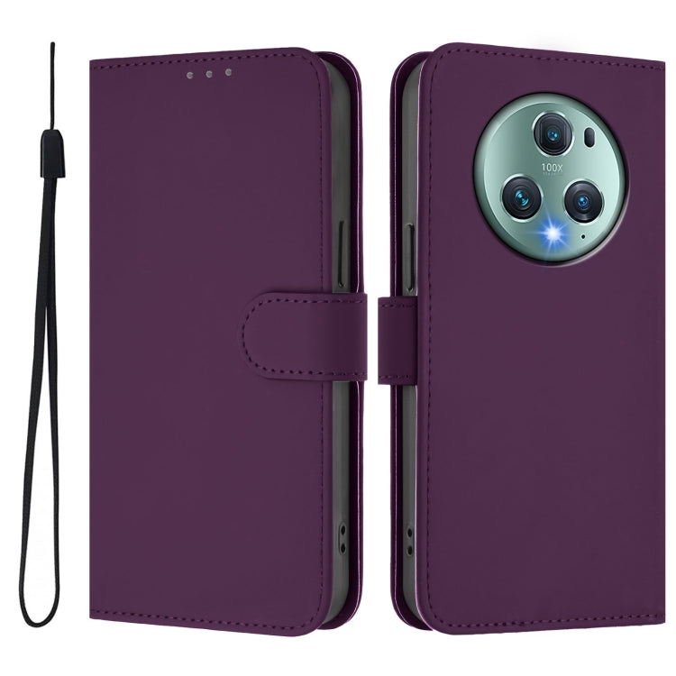 For Honor Magic5 Pro Skin Feel Solid Color Leather Phone Case with Lanyard