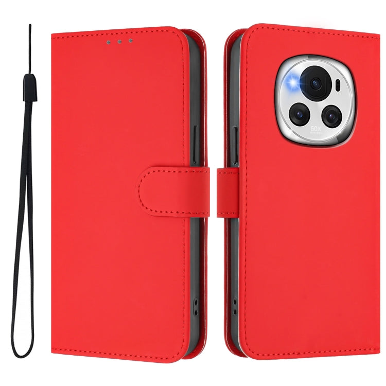 For Honor Magic6 Skin Feel Solid Color Leather Phone Case with Lanyard