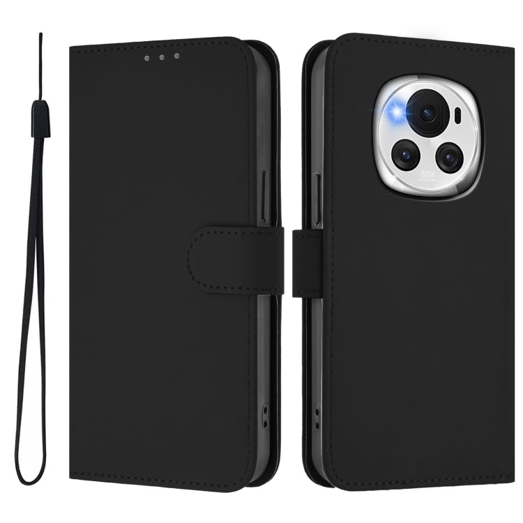 For Honor Magic6 Skin Feel Solid Color Leather Phone Case with Lanyard