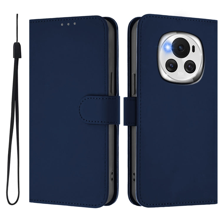 For Honor Magic6 Skin Feel Solid Color Leather Phone Case with Lanyard