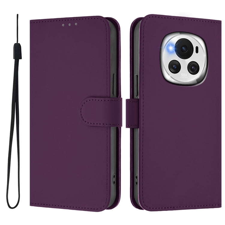 For Honor Magic6 Skin Feel Solid Color Leather Phone Case with Lanyard