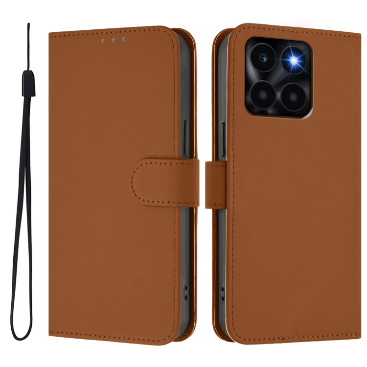 For Honor X6a 4G Skin Feel Solid Color Leather Phone Case with Lanyard